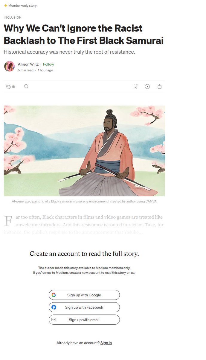 readcultured EIC amd Unapologetic Black Scholar Allison Wiltz article 

'Why We Can't Ignore the Racist Backlash to The First Black Samurai'

is a Medium member only story...

I wonder why?🙃