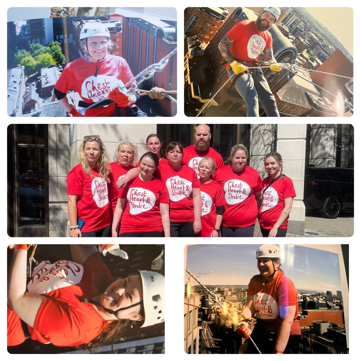 What a fantastic day we all had abseiling down the Europa hotel to raise funds for such an amazing charity @nichstweet thank you to EVERYONE that has donated already, it is really appreciated #TeamNorth #TeamA6 #A6StrokeUnit
