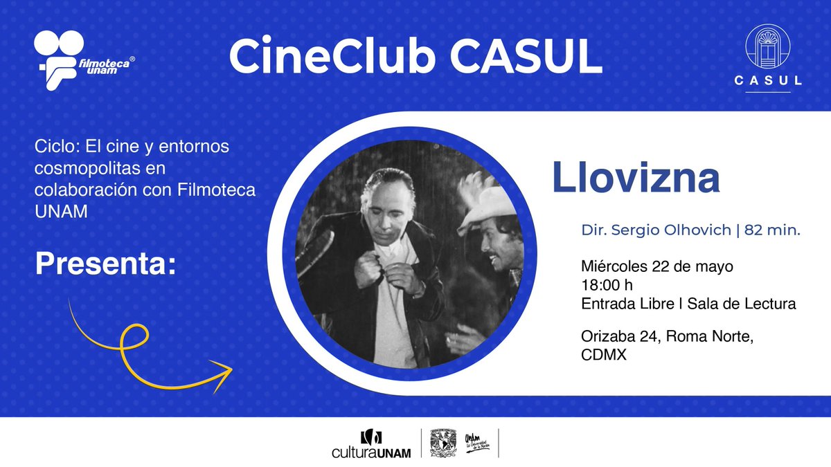 🌧️🔍 La paranoia y el peligro se entrelazan en 'Llovizna'. Sigue a Eduardo y sus cuatro inesperados compañeros de viaje en una historia cargada de tensión y prejuicios sociales. No te lo pierdas. 22 de mayo, 18 h. #CINECLUB @casulunam 🎫comunidad.cultura.unam.mx #puntosculturaunam