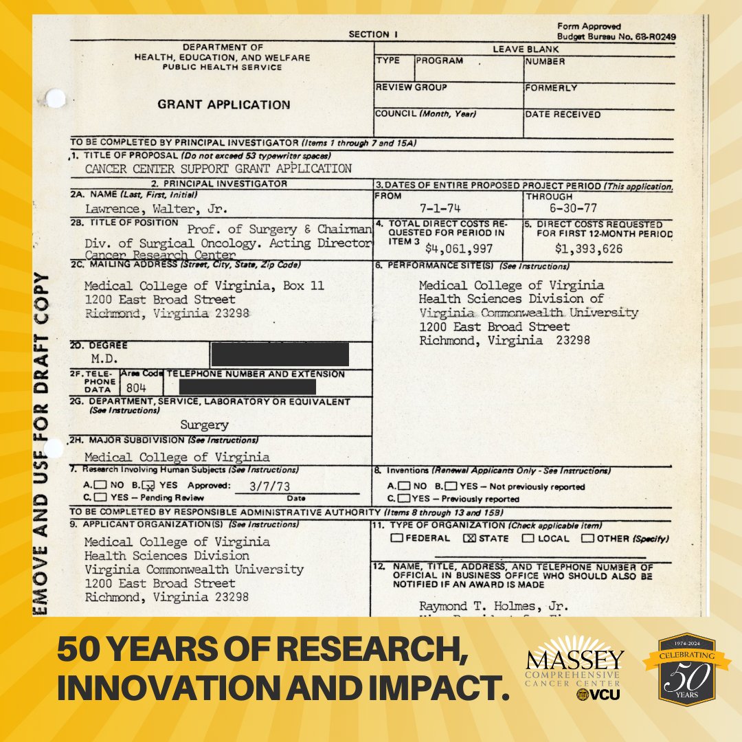 A journey starts with single step, in our case, it was paperwork 📔! It all began with this Cancer Center Support Grant app filed in '73. A CCSG provides gov. funds for cancer care, research, admin & outreach. Learn more & connect with us: masseycancercenter.org/50years #Massey50