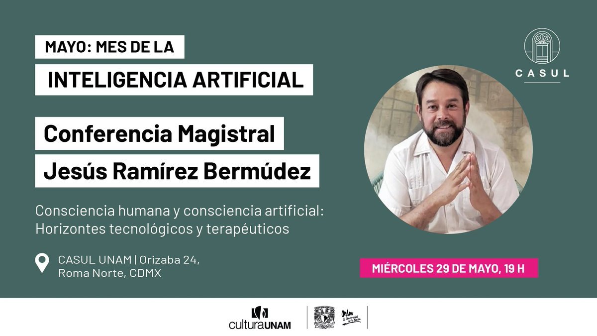 Únete a un viaje apasionante que explora la relación entre el cerebro, la literatura y la inteligencia artificial con la conferencia magistral, 'Conciencia humana y conciencia artificial: Horizontes tecnológicos y terapéuticos'. 29 mayo, 19h. @casulunam 👉🏻comunidad.cultura.unam.mx