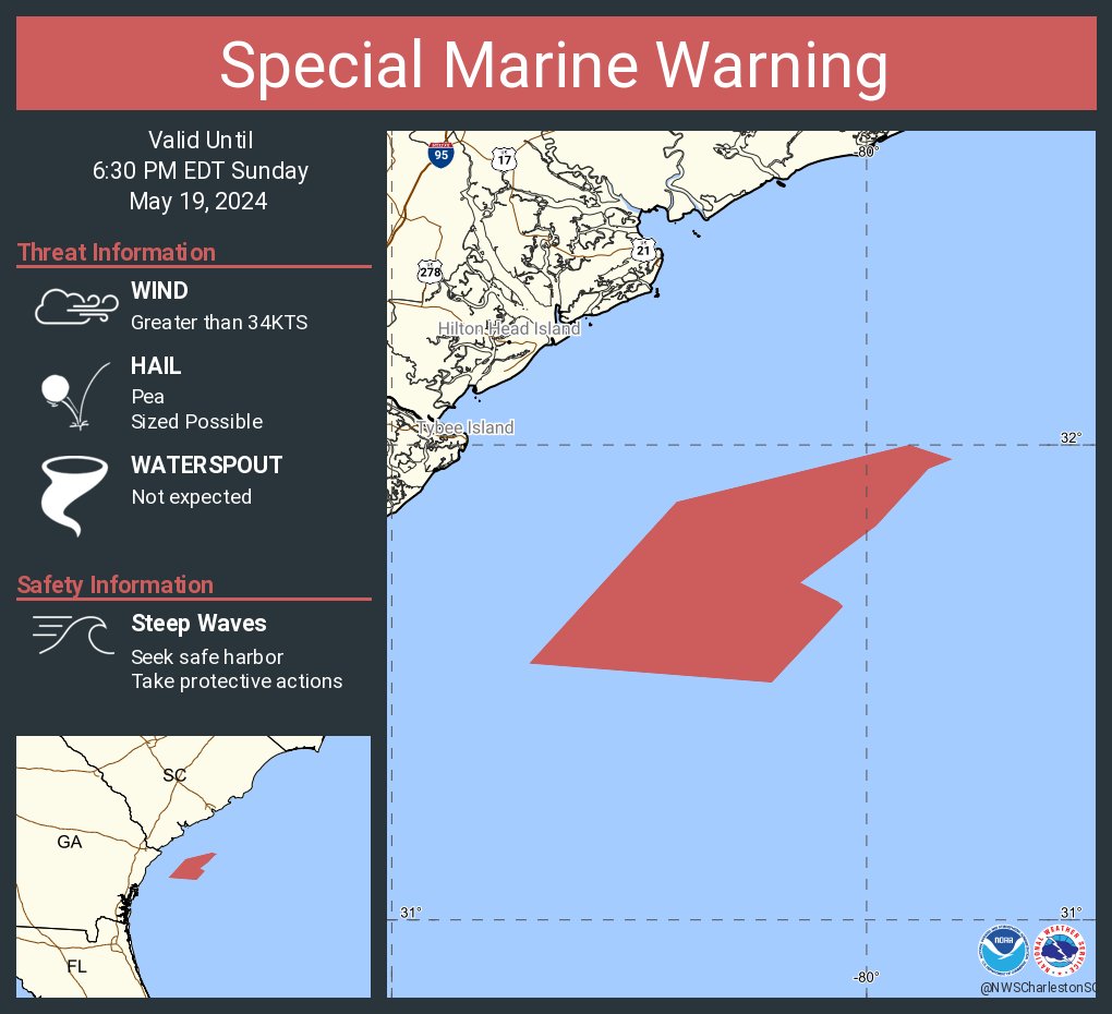 Special Marine Warning continues for the Waters from Savannah GA to Altamaha Sound GA extending from 20 nm to 60 nm and Waters from Edisto Beach SC to Savannah GA extending from 20 nm to 40 nm until 6:30 PM EDT