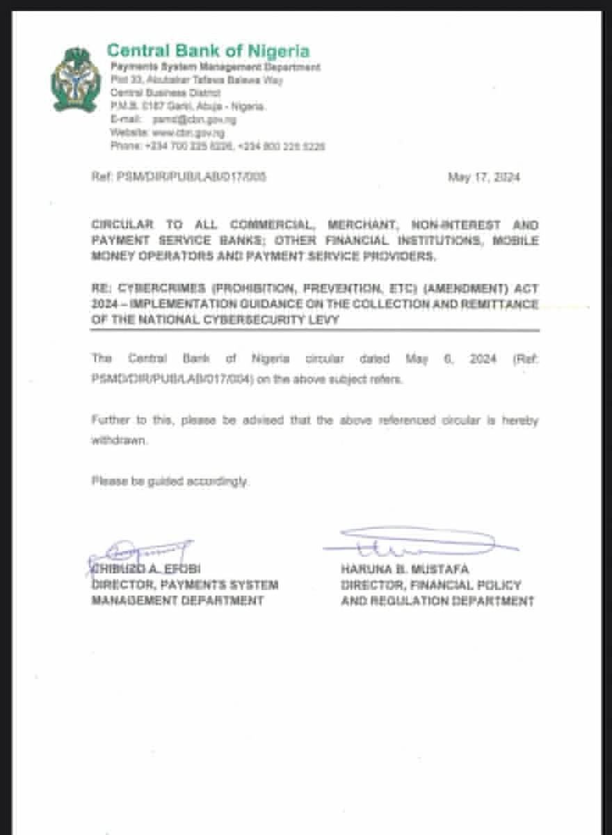 NigeriaStories's tweet photo. BREAKING NEWS: CBN has withdrawn its earlier circular regarding the enforcement of the national cybersecurity levy. https://t.co/xb2TWymfDP