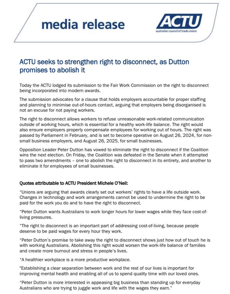 Media release: ACTU seeks to strengthen right to disconnect, as Dutton promises to abolish it