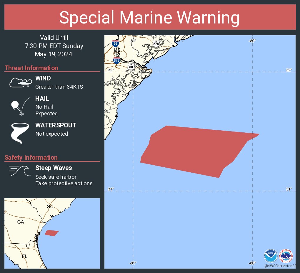 Special Marine Warning including the Waters from Savannah GA to Altamaha Sound GA extending from 20 nm to 60 nm until 7:30 PM EDT