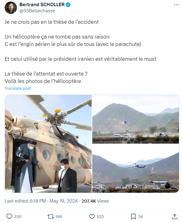 Je ne sais pas ce qui m'impressionne entre : 
- le complotisme 
- le fait que la photo de gauche et les deux photos de droite n'ont aucun rapport (pas le même modèle d'hélicoptère)  

#Iran