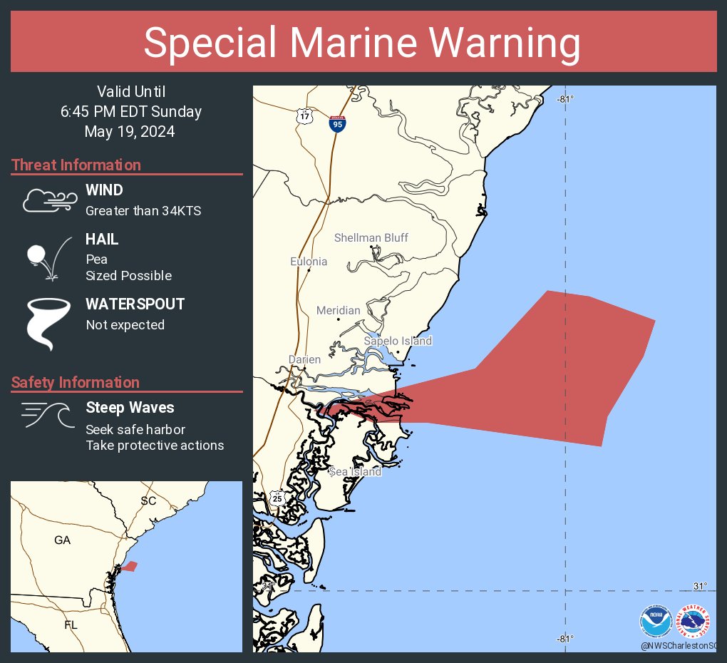 Special Marine Warning continues for the Coastal waters from Savannah GA to Altamaha Sound GA out 20 nm ...including Grays Reef National Marine Sanctuary until 6:45 PM EDT