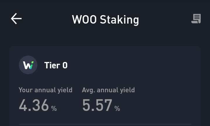 On the WooX App, you can earn an annual yield of 4.36% and 5.57% upon auto compounding by staking $woo token.