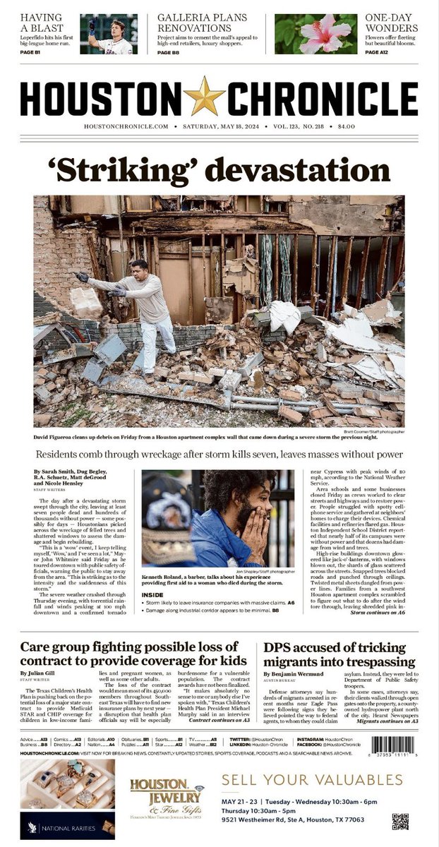 The front page from today and Saturday’s @HoustonChron with #Houston storm and recovery coverage.