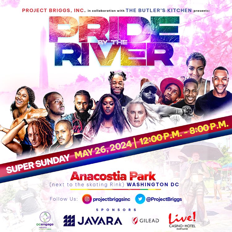 ProjectBriggs's tweet photo. Pride By The River Super Sunday Super Sunday at Anacostia Park 

DC Black Pride weekend, Sunday, May 26th

We can’t wait to see you!  Click my bio or go to https://t.co/usZzBEEYtz to RSVP and Register 

 Powered By DC Engage, Javara, Gilead and Live! Maryland Casino+Hotel https://t.co/js2EhrArH5