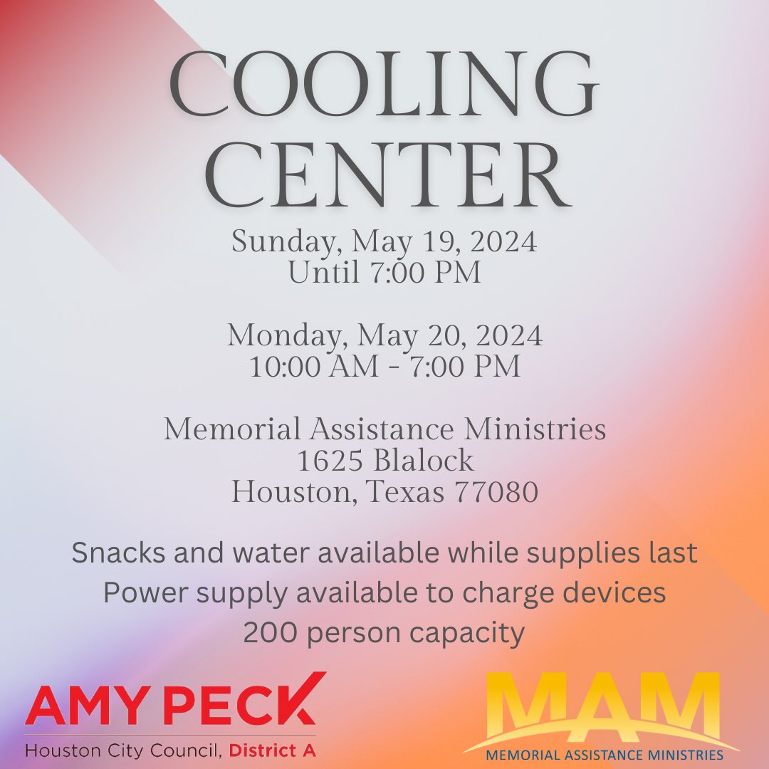 The cooling center at @MAMHouston is up and running until 7:00 PM. Thanks so much @CenterPoint for getting a generator out here for the community! Thanks also to the volunteers, @houstonpolice, @salliealcorn for providing snacks, and a huge thanks to @ElizethMiranda!!!