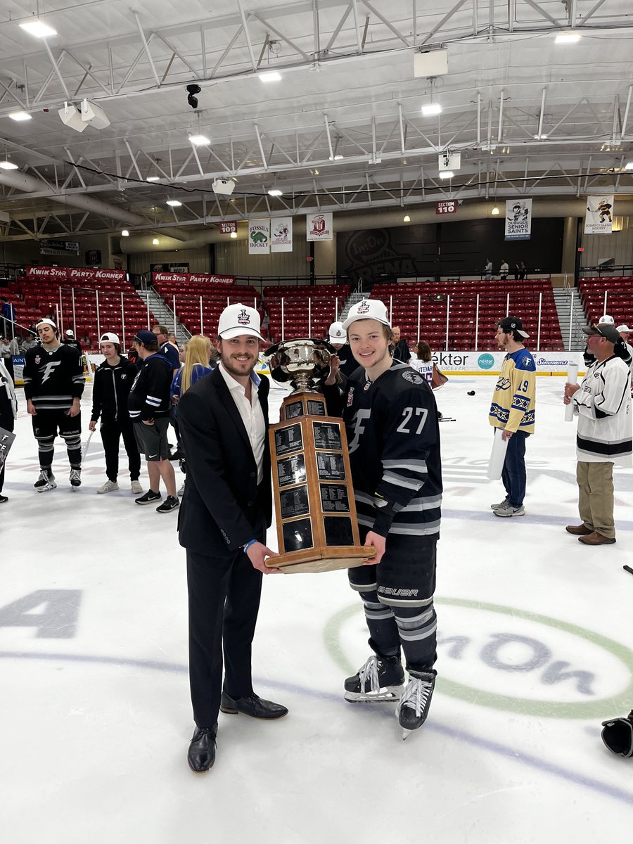 A couple of North Dakota guys with the Clark Cup - alum Jackson Keane (Fargo assistant coach) and incoming freshman Mac Swanson (USHL playoff MVP).