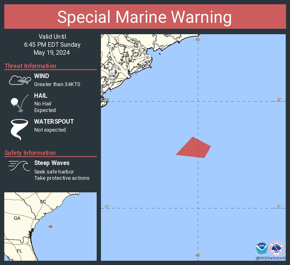 Special Marine Warning including the Waters from Savannah GA to Altamaha Sound GA extending from 20 nm to 60 nm until 6:45 PM EDT