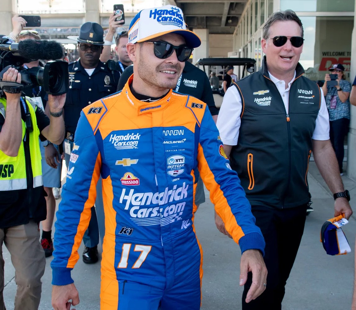 An elated Kyle Larson and Jeff Gordon head out of @IMS after Larson qualified a strong 5th for the Indianapolis 500. Larson is jetting to North Carolina to compete in the #NASCAR All Star race at @NWBSpeedway on Sunday night. 📸IndyStar