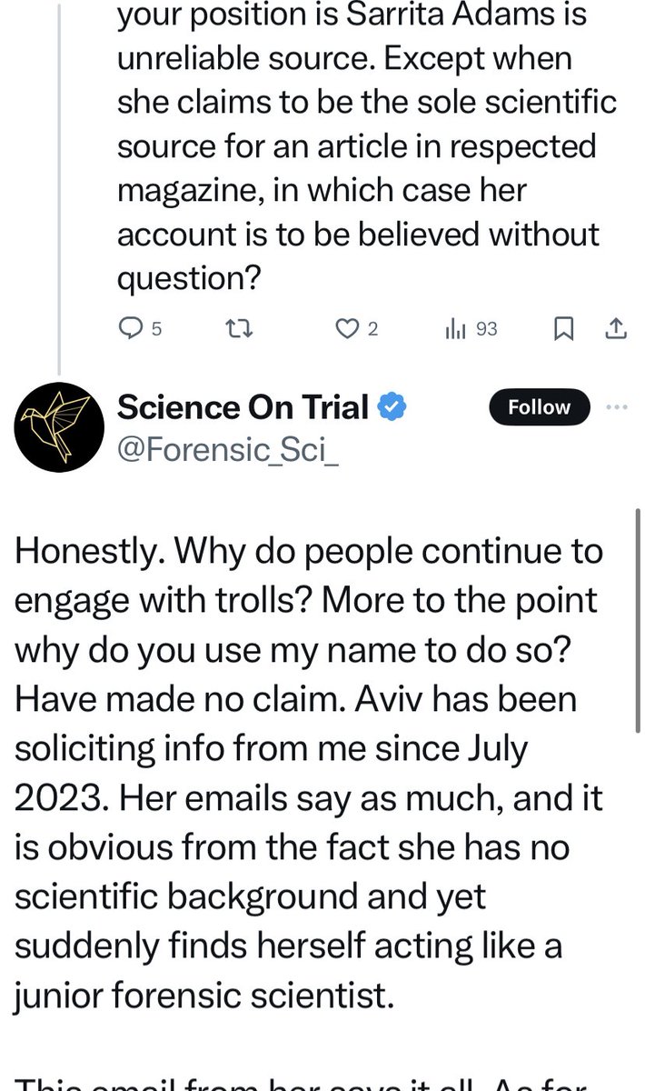 mrjgossipgirl's tweet photo. Sarrita Adams (@forensic_sci_) brings the receipts. @rachelaviv had been basing on her @NewYorker article on #lucyletby misinformation and non-evidence from #scienceontrial since August 2023. The site authored by a failed phd candidate in California searching pubmed. #iwasright https://t.co/2R2zkFEBNx