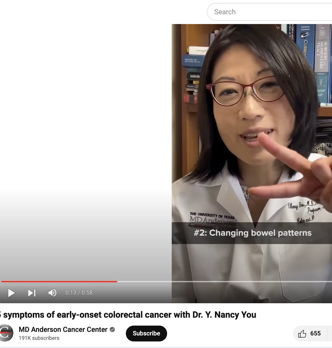 Dr. Y. Nancy You shares what young adults should know about early onset colorectal cancer. Shared in a group and 1st comment was 'She’s such a great doctor!' from patient who saw her at MDA YA conference this month. @NancyYouMD @MDAndersonNews youtube.com/watch?v=Vb8R1b…