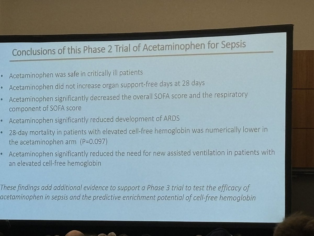 The ASTER trial, a phase 2B double-blind RCT patients with sepsis + respiratory or circulatory failure were randomized to IV acetaminophen vs placebo showed patients receiving acetaminophen with a higher free hemoglobin had a lower mortality rate than placebo. #ATS2024