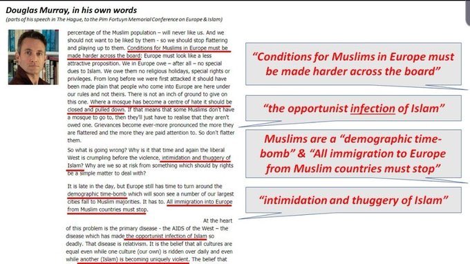 CIDI promoot nu een event van Ja21 met o.a Douglas Murray als gast. Murray minimaliseert de Holocaust door te zeggen dat Hamas kwaadaardiger is dan de Nazi’s, noemde de Islam een infectie en verspreidt al jaren de racistische omvolkings complottheorie. web.archive.org/web/2008020113…