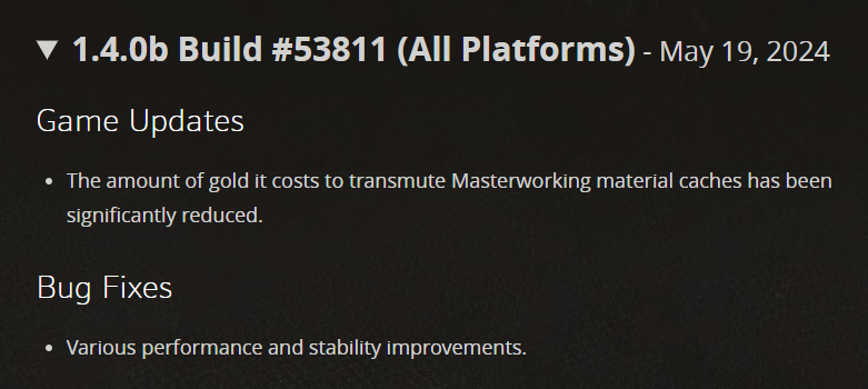 We have a small #DiabloIV patch going out here momentarily across all platforms. We have some underlying performance and stability improvements in here and some gold cost adjustments with Masterworking material caches.

This will require a download.

Notes: