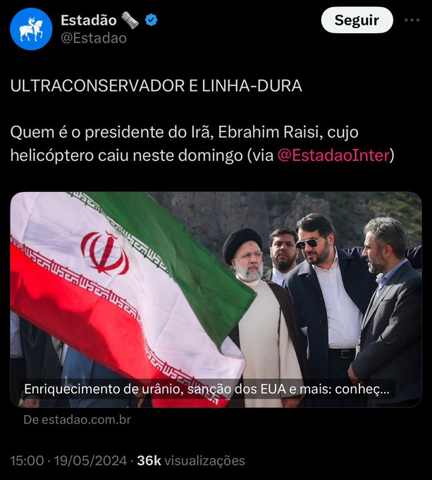 Morreu em acidente de helicóptero o presidente (ditador) do Irã Ebrahim Raisi, que será chamado pela extrema imprensa de Ultraconservador depois que partiu pro colo de satanás. Só tenho uma coisa a dizer nesse momento, voa Lula.🎯 #VoaLula