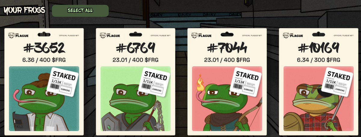 wen four/400 earning @ThePlagueNFT 

missing a medieval shield still.... 

gwei is low so i harveted some $FRG! 

should i swap some $ETH also?

!ribbit in the comment if you harvested/swapped as well recently!