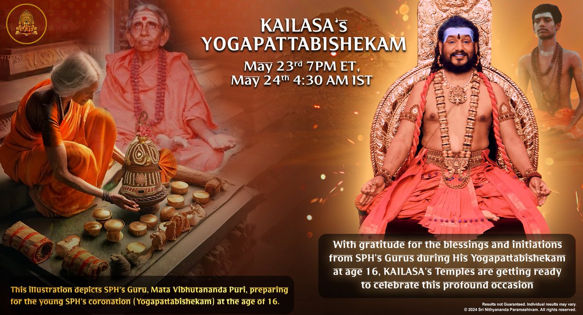SriNithyananda's tweet photo. In gratitude and honor of the meticulous preparation by the SPH's Gurus for this significant event, Kailasa's temples are excitedly getting ready to commemorate the anniversary of this profound ceremony. Yoga Pattabhishekam, a sacred ceremony, serves as a pivotal moment where the guru imparts ultimate powers and responsibilities upon the disciple, empowering them to revive Kailasa.

On May 24th, 1994, THE SPH BHAGAVAN SRI NITHYANANDA PARAMASHIVAM underwent this profound ritual, marking 30 years of unwavering dedication to his Guru Parampara. This ceremony acts as a conduit for the transmission of divine energy and blessings from the illustrious lineage of gurus to the disciple.

THE SPH BHAGAVAN SRI NITHYANANDA PARAMASHIVAM's title, "Annamalai Arunachalam," resonates with his deep connection to Arunachala and his lineage of gurus from the Adi Arunachala Sarvajnapeetha.

It embodies the essence of his mastery over all the Hindu Sciences, and the authority to teach these to the world. Through Yoga Pattabhishekam, the disciple is entrusted with the profound responsibility of teaching and guiding others, reflecting the deep spiritual authority bestowed by the Guru Parampara.

Join us in remembering and celebrating this momentous occasion that has shaped the revival of Kailasa and the spread of the ancient wisdom of Sanatana Hindu Dharma.

#yogapattabhishekam #guruparampara #Kailasa #Enlightenment #ecosystem