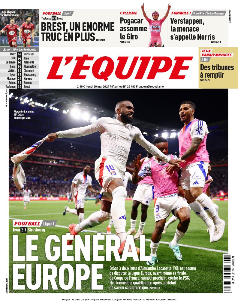 MaxOL69's tweet photo. Une du journal L'Équipe du lundi 20 mai 2024 https://t.co/gzrWJHFW2y