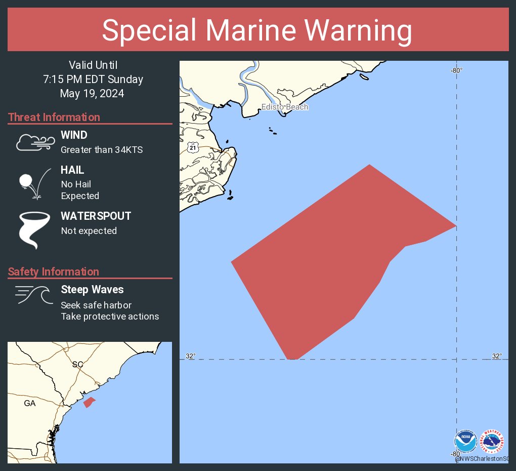 Special Marine Warning including the Coastal waters from Edisto Beach SC to Savannah GA out 20 nm until 7:15 PM EDT