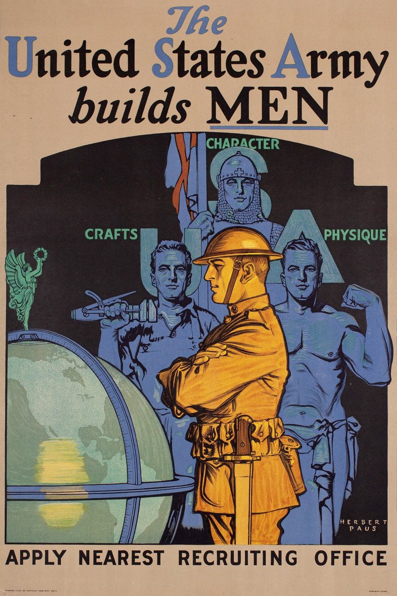 'The United States Army builds MEN' — US Army recruitment poster (1919) showing a soldier studying a globe, with the three figures of Crafts, Character and Physique standing behind him. Artist: Herbert Paus.