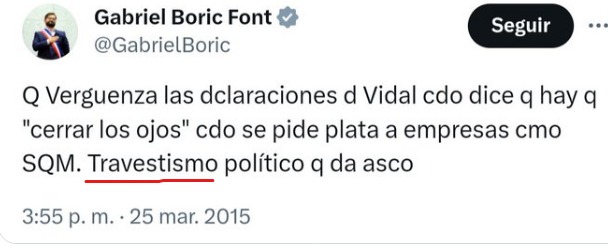 Recordemos a Boric cuando   opinó de   Francisco Vidal   
 y dijo 'travestismo político que da asco'  
#Cadem
