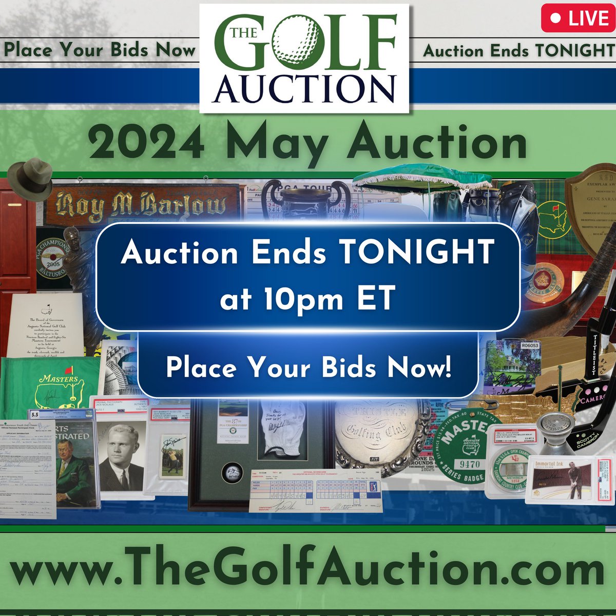 Less than one hour to get your initial bids in. 

Our 2024 May Golf Memorabilia Auction will close at 10pm ET,  snd extended bidding starts immediately at 10pm ET ⛳️🙌

thegolfauction.com/mobile/catalog…
