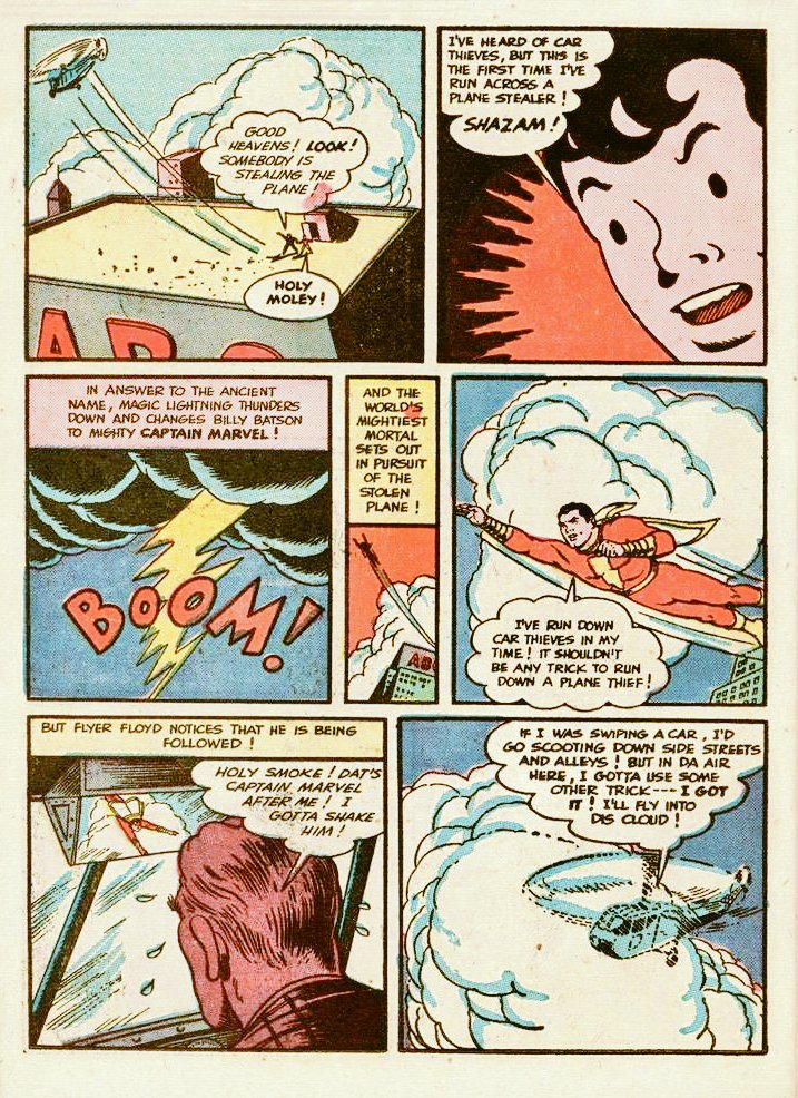'Captain Marvel And The Bridge Of Sighs!' (chapter one) script: unknown, art: Pete Costanza from Captain Marvel Adventures#1 (Wheaties Miniature Edition).