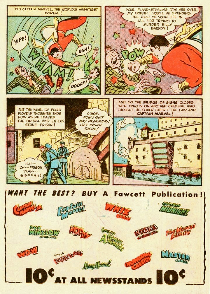 'Captain Marvel And The Bridge Of Sighs!' (finale) script: unknown, art: Pete Costanza from Captain Marvel Adventures#1 (Wheaties Miniature Edition).