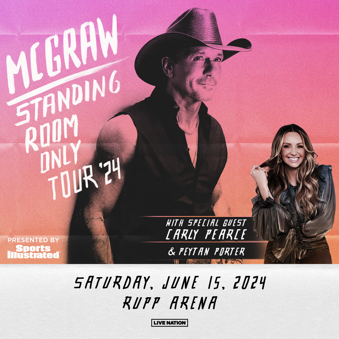 Tim McGraw is bringing his 2024 Standing Room Only Tour to Rupp Arena on June 15! With Grammy® Award-winning singer-songwriter Carly Pearce joining him. Get ready for McGraw's biggest tour yet! 🎤✨ Get tickets at ow.ly/poRy50RKLO3
