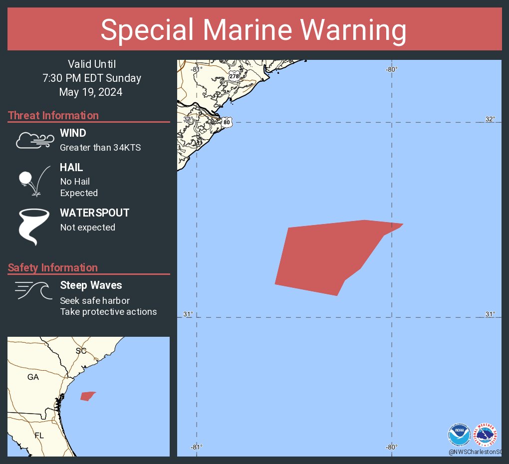 Special Marine Warning continues for the Waters from Savannah GA to Altamaha Sound GA extending from 20 nm to 60 nm until 7:30 PM EDT