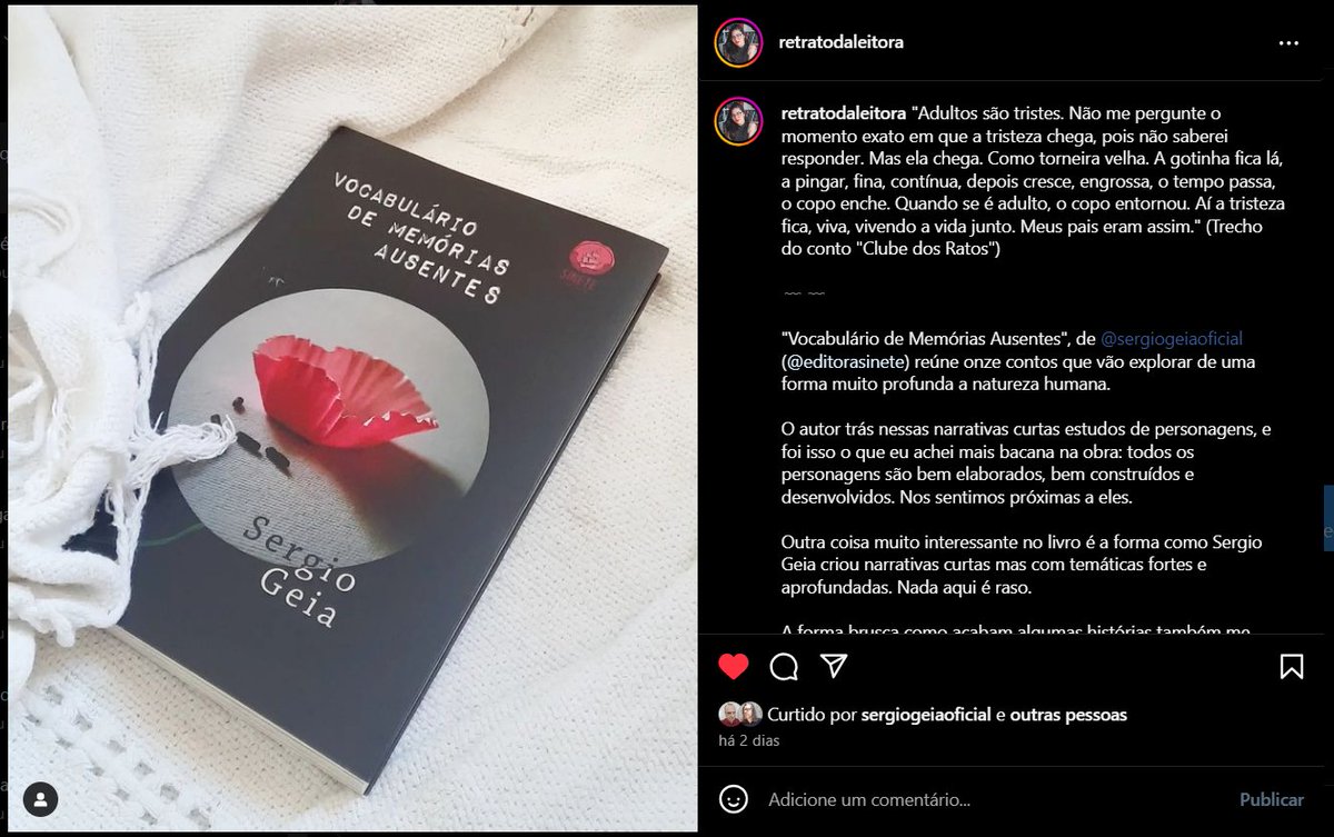 EditoraSinete's tweet photo. Gaby Marques escreveu sobre o livro de contos "Vocabulário de memórias ausentes", de Sergio Geia - @sergiogeiaoficial

Confira no https://t.co/H3Ry7mjTSQ

#vocabulariodememoriasausentes #sergiogeia #contos #editorasinete #lerparadesvendar https://t.co/r47Gl0jUXW