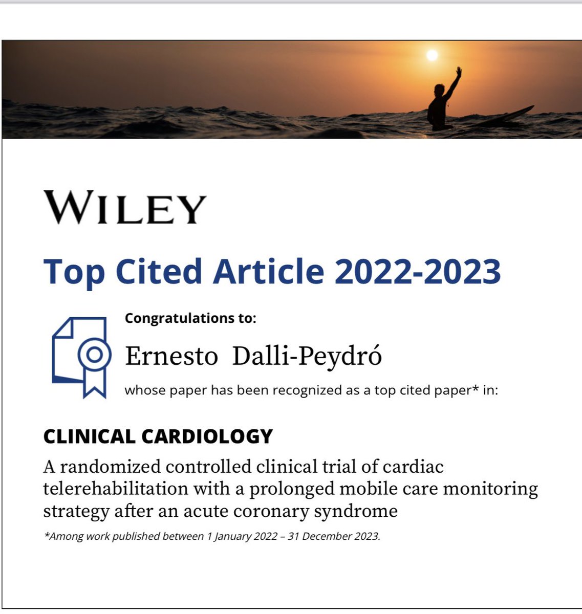 DalliErnesto's tweet image. Excited to share this recognition of our work in extended #cardiac #telerehabilitation after ACS