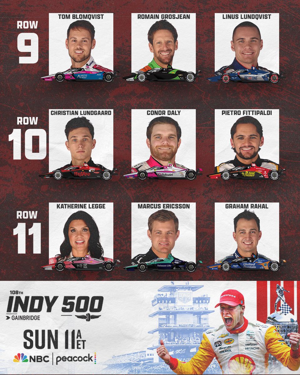 REPOST IF YOU'LL BE WATCHING THE #INDY500 ON SUNDAY! Here's the complete starting grid for The Greatest Spectacle in Racing on NBC and Peacock.