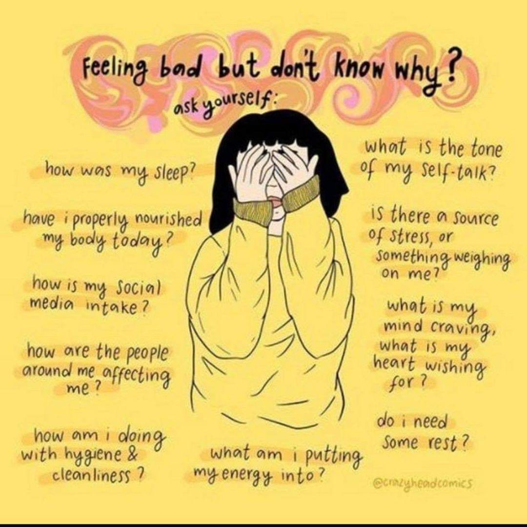 Graphic by @crazyheadcomics on things to ask yourself if you don't know why you are feeling bad. @YMHCanada #mentalhealth #mentalhealthawareness #mentalwellness #mentalhealthmatters #mentalwellbeing #Canada #ymhc #canadawellness #canadahealth #mentalhealthadvocate #selfcare