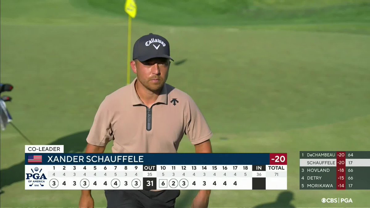 Xander Schauffele heads to the 18th tied for the lead. He can win the PGA Championship with a birdie. Get to @CBS and @paramountplus.