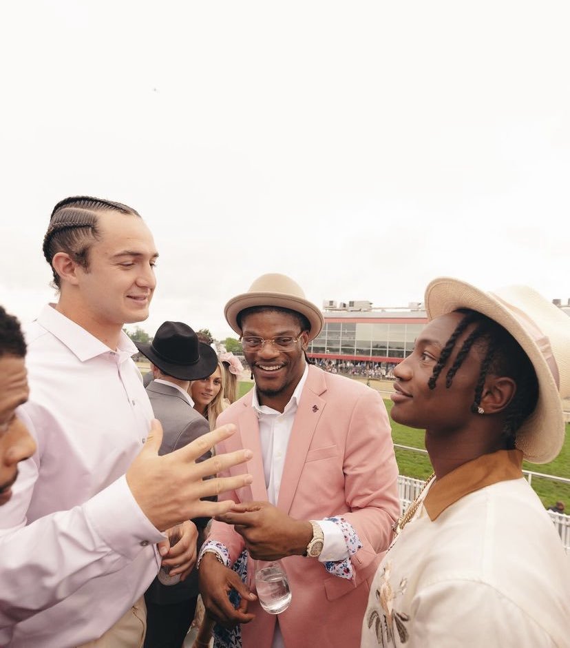 Ravens QB Lamar Jackson, WR Zay Flowers, and TE Charlie Kolar at Preakness