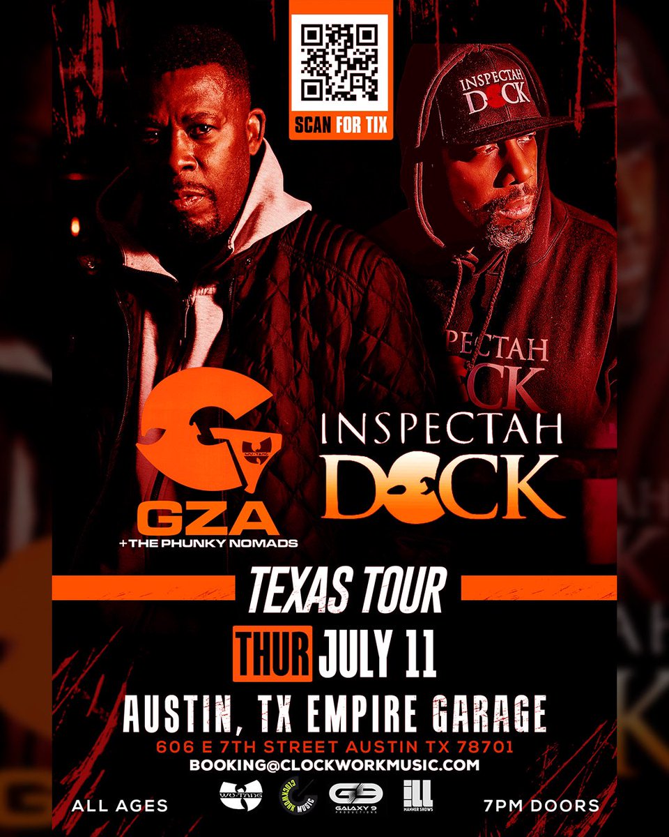 .@TheRealGZA x @INSpectahDECKWU Live in Texas July 11 @EmpireATX July 12 @warehouselive July 14 @treesdallas Tickets Fanlink.tv/gzadeckwutexas