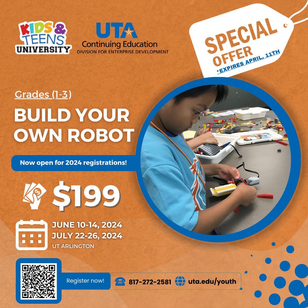 UTAContinuingEd's tweet image. Get ready to build your own robot from June 10-14, 2024! In this camp, kids in grades 1-3 will dive into robotics and engineering. Design, program, and create different robots in this exciting STEAM-focused adventure!  
ow.ly/3gfp50RMvvL
#RobotBuilders #UTAKids