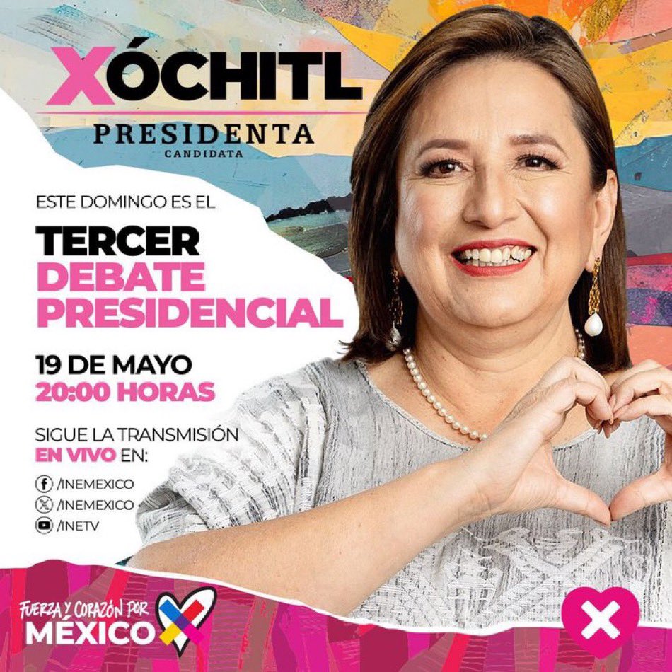 F_GALINDO's tweet photo. Hoy es el tercer debate. No te lo pierdas. @XochitlGalvez presentará las mejores propuestas en materia de política social, seguridad, relaciones exteriores, migración y democracia. #XochitlGálvezPresidente2024 https://t.co/DHPFCAEodr