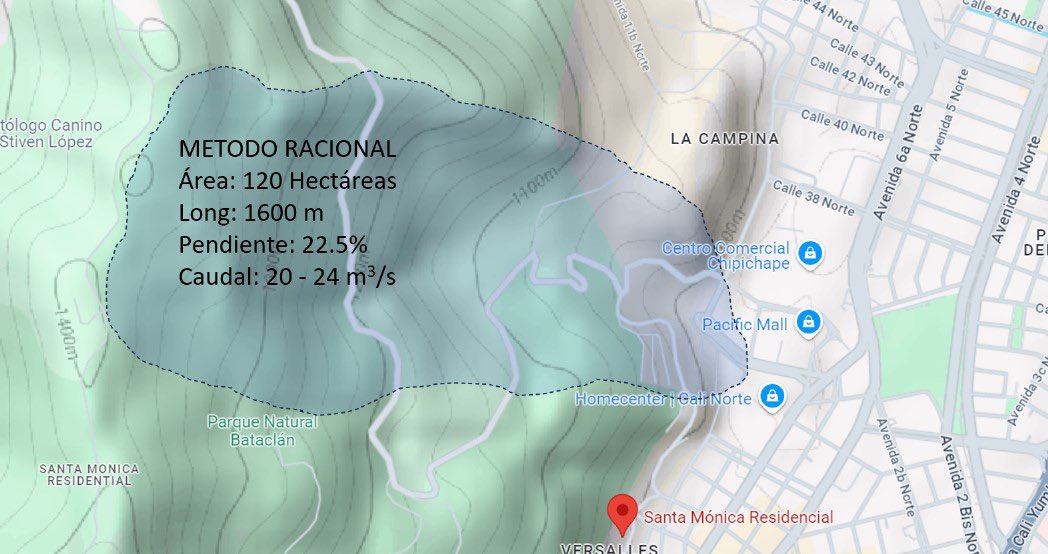 diegogarciaes's tweet photo. De los registros de lluvia del 15 de mayo en Cali, de aprox. 70mm/hora y picos de hasta 101 mm, es posible estimar el caudal generado. Fuente: Google Maps. Se estiman caudales del orden de 24m3/s. @EMCALIoficial @CvcAmbiental @OccidenteCCI https://t.co/pgRp9HEi0d