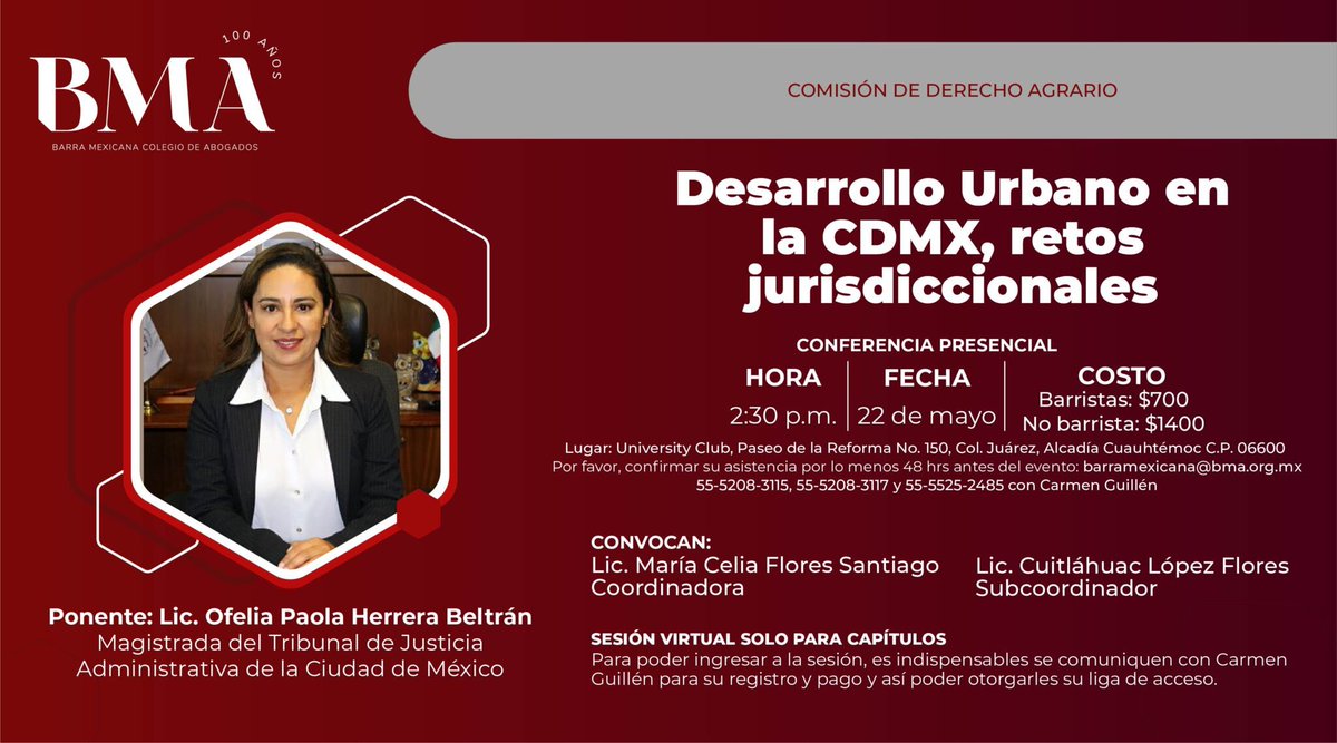 No se pierdan nuestra conferencia “Desarrollo Urbano en la CDMX, retos jurisdiccionales” impartida por @ofeherrera , Magda. del @TJA_CDMX . 📅 22 de mayo ⏰ 2:30pm 📍University Club