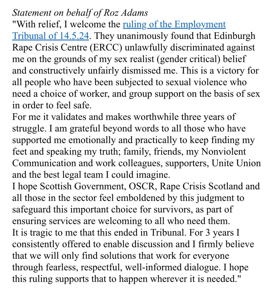 NEW: The woman who took Edinburgh Rape Crisis to tribunal citing constructive dismissal has won her case Statement from Roz Adams 👇🏻