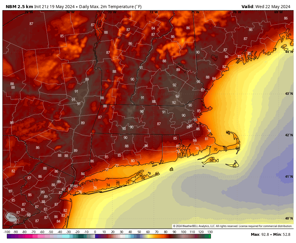 Wednesday will likely be the first day of 90-degree weather for portions of New England. A spot or two may even touch mid 90s!

Merrimack Valley and CT River Valley will be the hot spots with downsloping and a SW wind. Hills & coastlines more likely top out in the 80s. #MAwx
