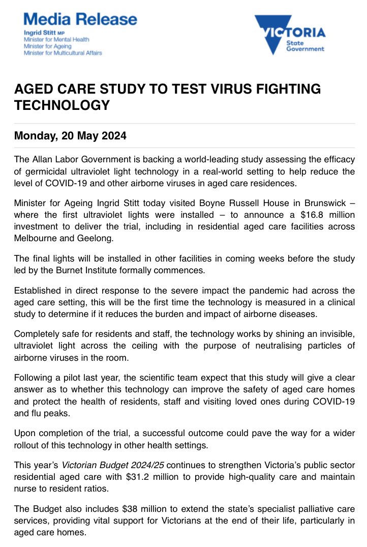 Hayley Gleeson (@hayley_gleeson) on Twitter photo the victorian govt is funding a trial, led by <a href="/BurnetInstitute/">Burnet Institute</a>, to assess the efficacy of germicidal UV light in reducing covid + other airborne viruses in aged care facilities. minister is up early this morning, has already visited one facility where tech has been installed the victorian govt is funding a trial, led by <a href="/BurnetInstitute/">Burnet Institute</a>, to assess the efficacy of germicidal UV light in reducing covid + other airborne viruses in aged care facilities. minister is up early this morning, has already visited one facility where tech has been installed