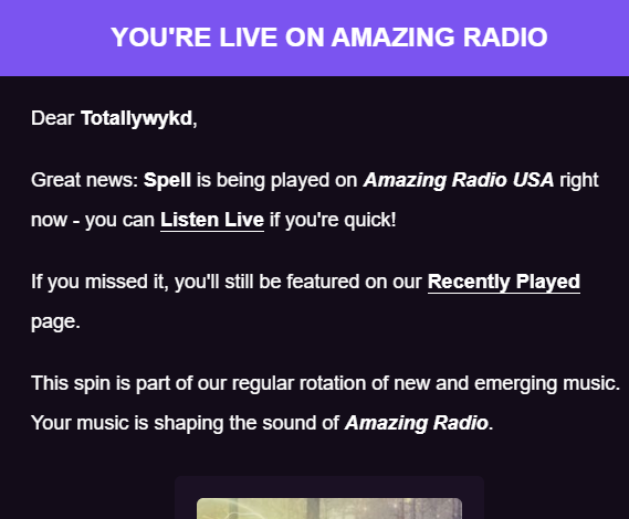 big respect @AmazingRadioUSA for spinning Spell on regular rotation released in 2022 this is my first track I put out on all platforms and really my first step into tidying the mess of an artist I was before. Show some support as they have for many like me.